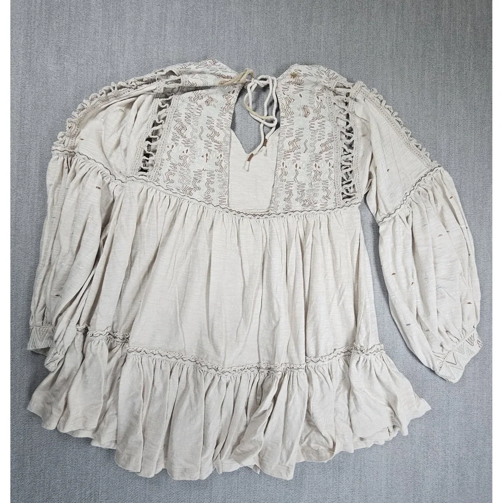 Free People Women's Much Love Top Boho Long‎ Sleeve Embroider Design Sz Medium